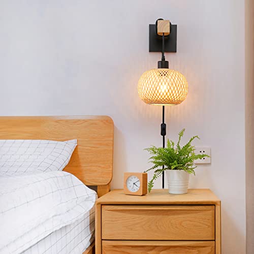 Image of Farmhouse Plug in Wall Light Fixture, Bamboo Rattan Wall Mounting Hanging Lamp for Bedroom, Living Room, Wood Beam Wall socnces with Plug in Cord