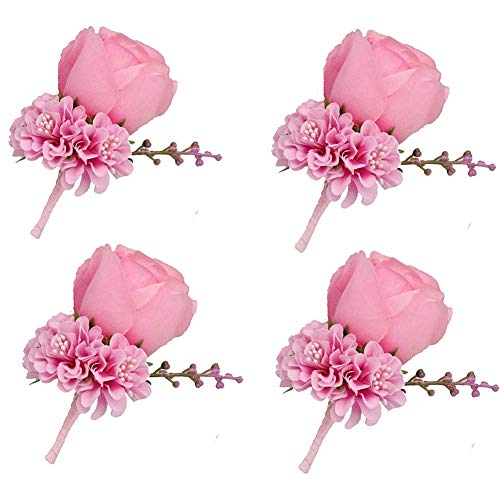 WeddingBobDIY Boutonniere Buttonholes Groom Groomsman Best Man Rose Wedding Flowers Accessories Prom Suit Decoration (4,Pink)