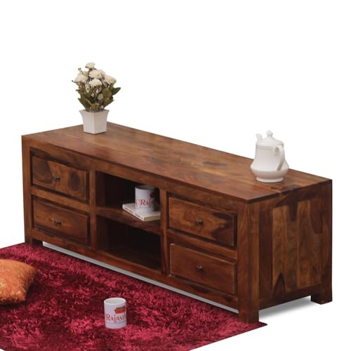 Image of Solid Wood TV Unit for Living Room 55 Inch Furniture - Wooden TV Unit with Storage Cabinet with 4 Drawr, 2 Shelves Wooden TV Cabinet for Living Room - Fits up to 55-Inch TV (Jayden)