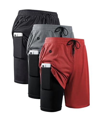 JWJ 3 Pack Mens 2 in 1 Running Shorts Quick Dry Gym Athletic Workout Shorts with Compression Liner,Black Dark Grey Red L