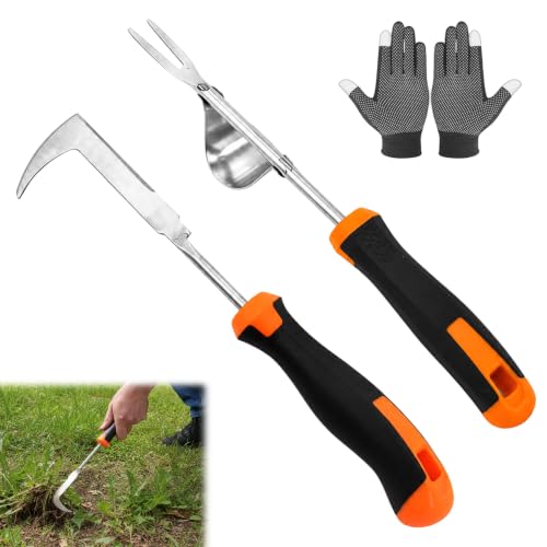 GothicBride Unkrautstecher Edelstahl mit Handschuhe Garten Handjätgerät | mit Griff Manueller Unkrautjäter Unkraut Entferner Gerät mit Gezackter Kante Weeder zum Graben Jäten