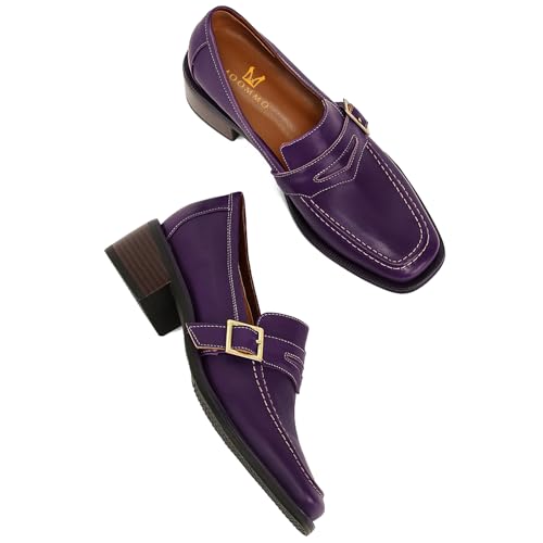 MOOMMO Women Purple Chunky Heel Penny Loafers Square Toe Buckle