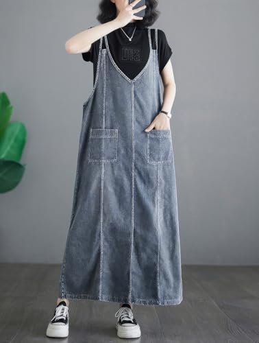 Image of ebossy Women's Sleeveless V Neck Denim Overall Jumper Dress Casual Loose Double Spaghetti Straps Midi Jean Dress