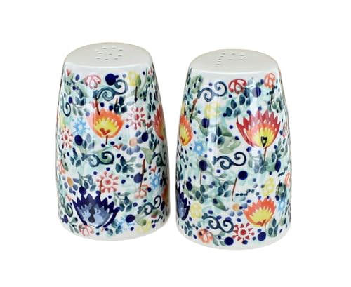 Blue Rose Polish Pottery - Green Desert Oasis Salt & Pepper Shaker - 3.5" Tall - Hand-Painted Ceramic Seasoning Set for Table & Kitchen