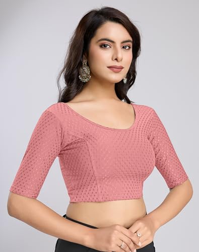 Image of TRENDMALLS Women's Dobby Pure Cotton Elastin Stretchable Readymade Round Neck Elbow Length Sleeves Blouse Choli Stylish Saree Blouse Ready to Wear