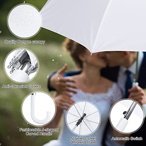 20 Pack Bulk Stick Umbrellas With J Hook Handle 47 Inch Large Windproof Auto Open Pongee Umbrella For Women Men Rainy Sunny Wedding And Events (White) #TOP3