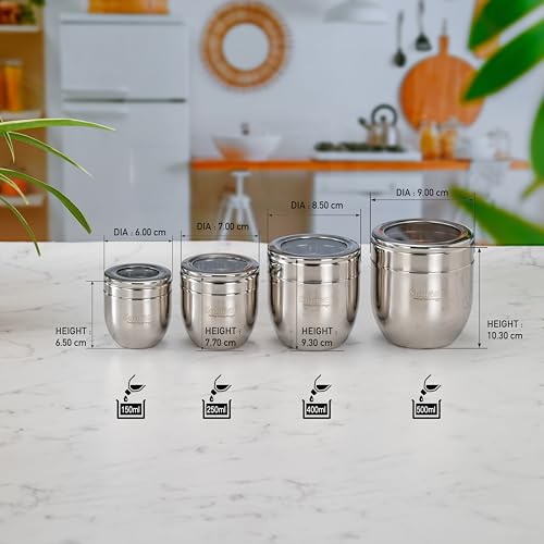 Image of Sumeet Stainless Steel Conical Shape Canisters /Dabba /Storage Containers for Kitchen with See Through Lid, Set of 12 Pcs, (150ml-6cm Dia-3Pc, 250ml-7cm Dia-3Pc, 400ml-8.5cm -3Pc, 500ml-9cm 3Pc)- Silver