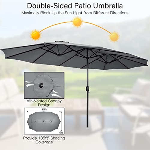Image of Tangkula 15FT Double-Sided Patio Umbrella with Base, Extra-Large Market Umbrella W /Crank System, Outdoor Twin Umbrella W / 12-Rib Metal Structure & Air Vents for Garden, Backyard, Poolside (Gray)