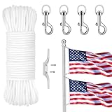 6 PCS Flagpole Hardware Repair Parts Kit, Flag Pole Rope Kit 100 FT with 4 Flag Swivel Snap Clips 1 Rope Cleat Hook, Double Braided Nylon Rope Outdoor Flag Pole Accessories for Clothesline, Crafting