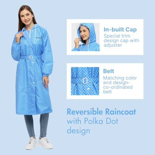 Image of Citizen Polyester Reversible Casual Style Raincoat For Women With Inbuilt Hood,Waist Belt & Matching Carry Pouch|Stylish Polka Dot Design|Durable & Lightweight Rainsuit With High Tearing Strength