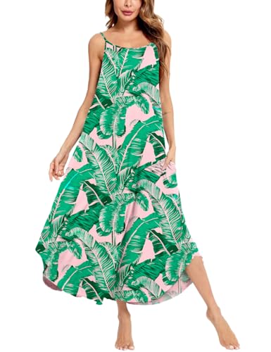 Image of SWOMOG Women Long Nightgown Pajama Dress Soft Strap Nightdress Summer Sleeveless Nightshirt Lounge Dress with Pockets