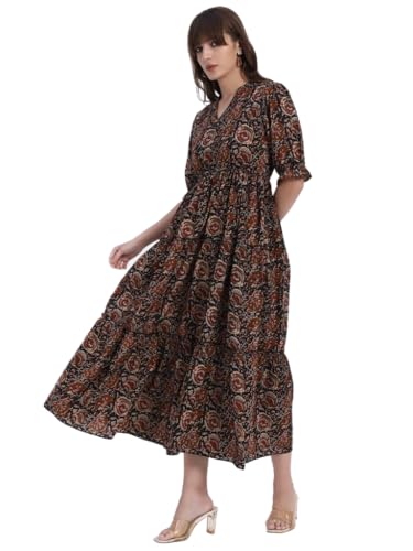 Image of Women's Fit and Flare Dress I Pure Cotton Long Summer Maxi Dress I V-Neck I Casual Wear I Printed Kalamkari Floral Middi