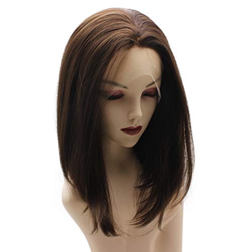Iewig Short Bob Straight Brown Wig Half Hand Tied Synthetic Lace Front Heat Friendly Fiber #TOP2