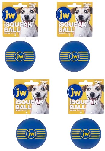 JW ISqueak Ball Durable Natural Rubber Dog Toy (Assorted Colors) (Pack of 4)