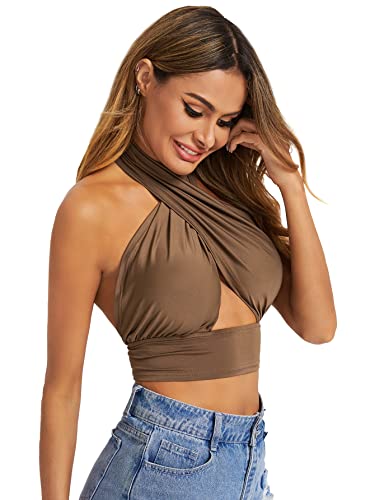 Verdusa Women s Sexy Criss Cross Tie Backless Cut Out Front Halter Crop Tops Mocha Brown M