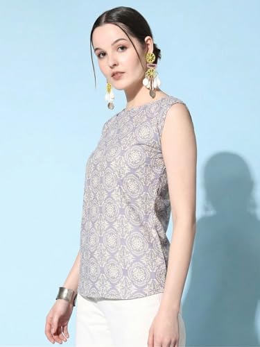 Image of Sleeveless Kurti for Women Pure Cotton Stylish Round Neck Printed Ethnic Short Kurti Jeans Top Casual Office