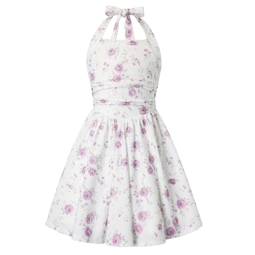 GRACE KARIN Girls Fashion Floral Dress Hawaiian Beach Party Holiday Sundress Flowy Halter Neck Tie Backless Dress Size 7 Purple Roses