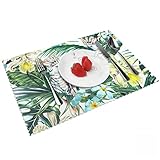 Material: juego de 4 manteles individuales de hojas tropicales verdes hechos de poliéster. Los manteles individuales de verano con diseño de hojas de palma amarillas son de tamaño moderado y gruesos.