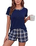 Litherday Conjunto Pijama Mujer Verano Algodón Suave Camiseta Lisa con Botones y Pantalón Corto con 2 Bolsillos Loungewear Mujer Estilo 1 Azul Marino XL