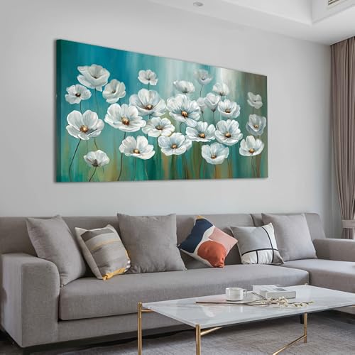 Toile murale fleur blanche rustique turquoise AEFOUU 20x45cm