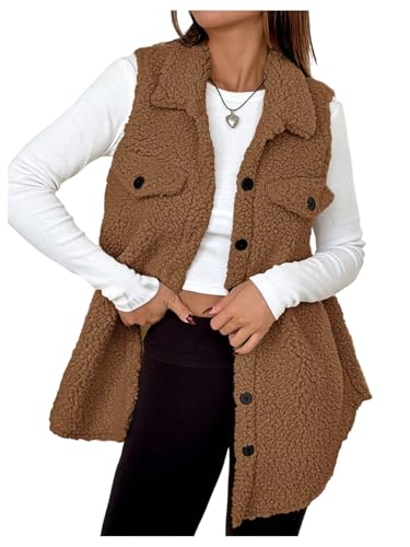SOLY HUX Women's Button Down Fleece Outerwear Vest Sleeveless Teddy Jacket Coat Fall Winter Clothes Plain Brown Large