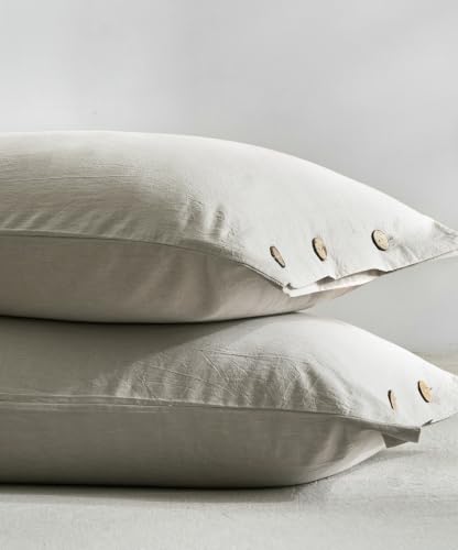 JELLYMONI 100% Washed Cotton Pillowcases, King, Button Closure