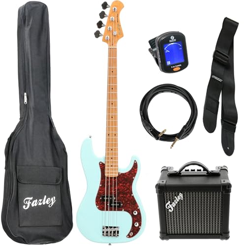 Fazley Piranha 4 Electric Bass Guitar - Blue Solidbody P-Style Instrument - Roasted Maple Neck - Beginner Starter Kit With Gig Bag - Pro Sound