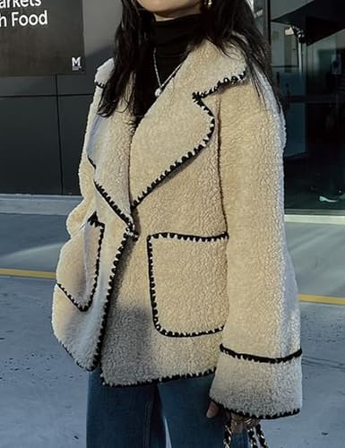 Kissonic Women's Winter Casual Sherpa Jacket Fuzzy Sherpa Fleece Coats Long Sleeve Spliced Lapel Loose Outwear3