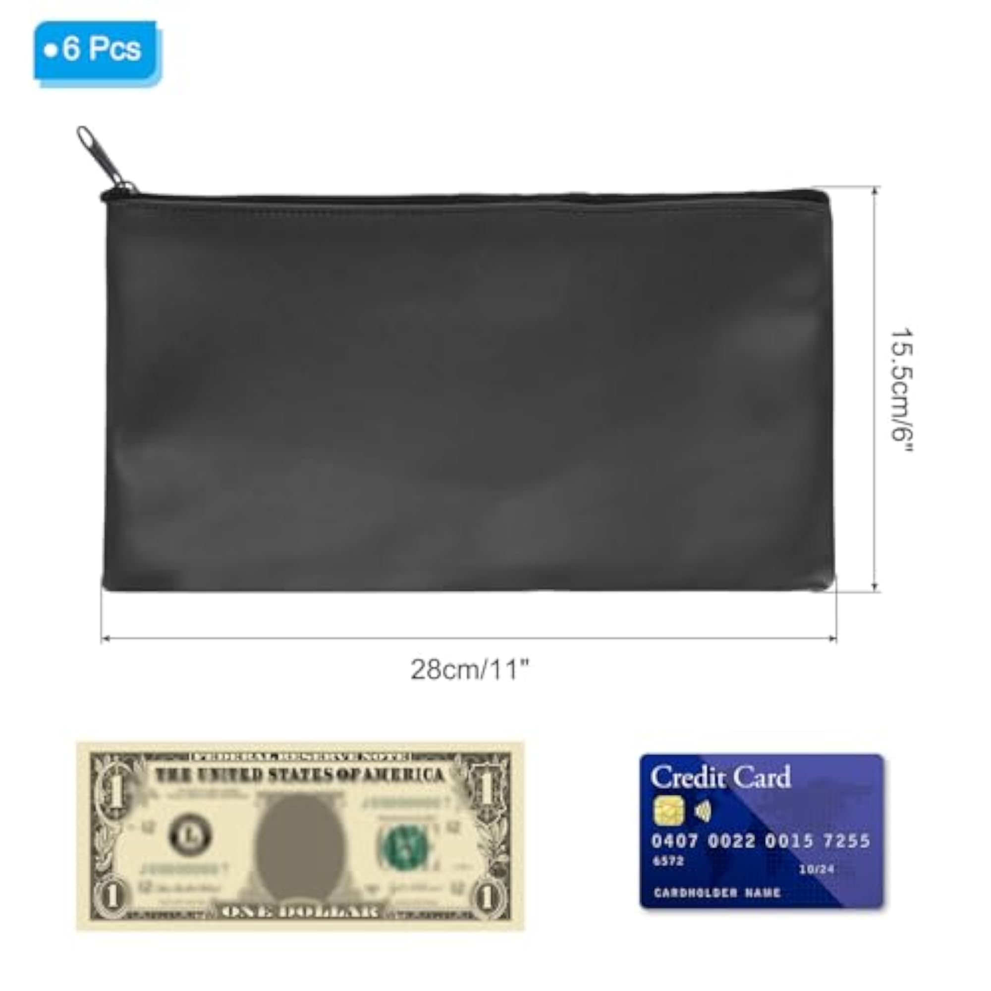 11"x 6" Black Bank Deposit Bag, 6Pcs