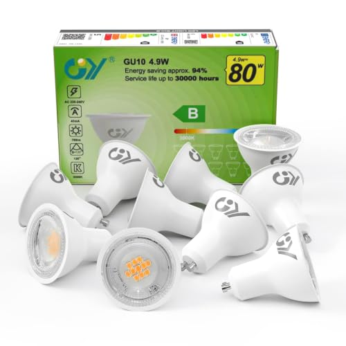GY 4.9W Bombilla GU10 LED 3000K Blanco Cálido 780LM (Equivalente a 80W), No Regulable, 110 Grados Ángulo de haz - Bombilla Bajo Consumo Clase B, No Parpadean Bombillas LED GU10 Pack de 10