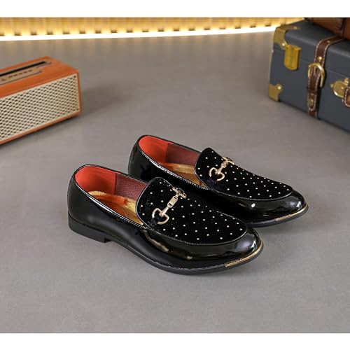 FLQL Men’s Dress Shoes Velvet Patent Leather Business Wedding Shoes Pointed Toe Gold Gem-Like Studs Size 9.5 by FLQL - Used condition - Image 5