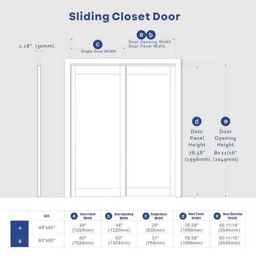 ARKHJEM Sliding Closet Door, 60\"×80\"(Double 30\"), Double Frosted 3 Panel Glass Sliding Door, Hardware Include, Pre-Drilled Door Panel Need to Assemble, MDF, White