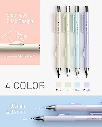 Nicpro 4 Pcs Pastel Mechanical Pencil 0.7Mm, Cute Fast Click Mechanical Pencils Set With 8 Tubes Hb Lead Refills, Erasers, Eraser Refills For School, Student Writing, Drawing, Sketching - With Case #TOP2