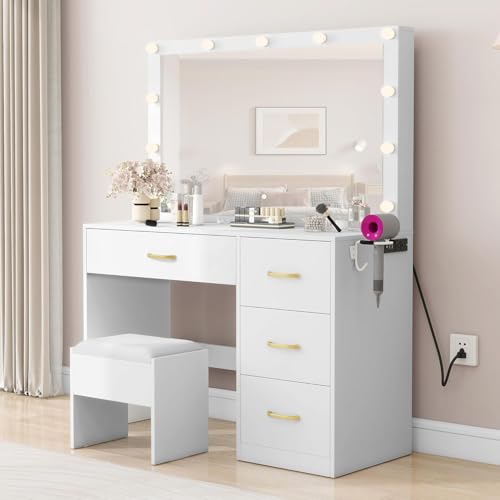 DWVO Makeup Vanity with Lighted Mirror, Vanity Desk with Power Strip, Adjustable Lighting, 4 Drawers, and Cushioned Stool for Bedroom, Dressing Room