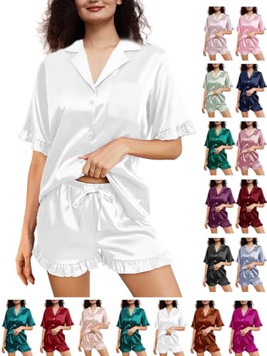 Womens Silk Pajamas Set XS-4XL Button Down Satin Pajama Sets Silky Pj Set Ruffle Sleepwear Lounge Set Nightwear