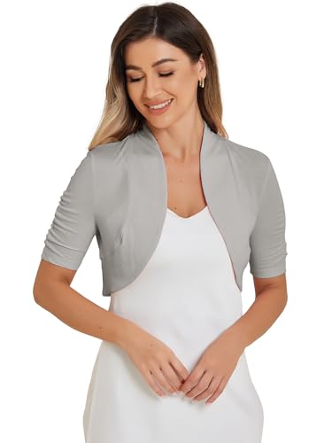 Image of Allegra K Short Sleeve Shrugs for Women Ruched Sleeve Open Front Cropped Bolero Cardigan