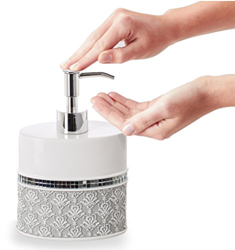 Creative Scents 4 Piece Bathroom Accessory Set - Bathroom Decor Set Accessories Includes: Liquid Soap Dispenser, Bar Soap Dish, Toothbrush Holder And Tumbler - Mirror Damask Style (White And Gray) #TOP3