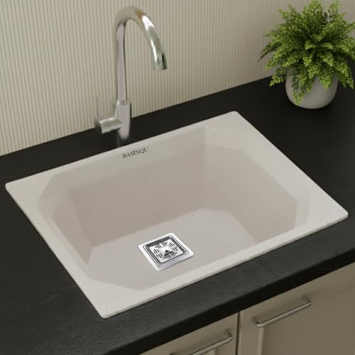 Image of BASINQU Quartz Sink for Kitchen | 24x18x9 Inches Rosa Single Bowl Sink For Kitchen Basin Diamond Designed | Granite UV Protected Scratch Resistant, Undermount /Topmount Kitchen Sinks