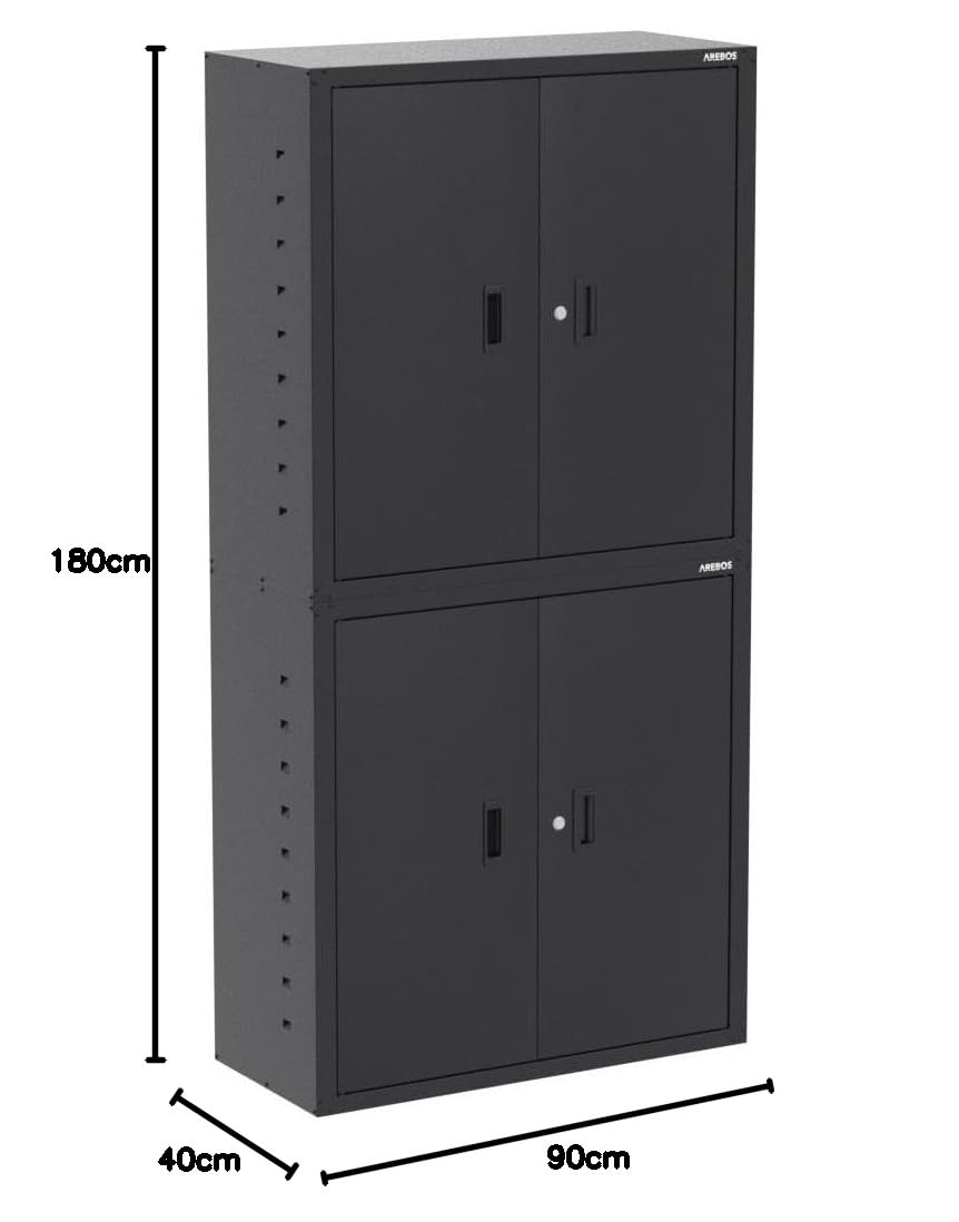 AREBOS Szafka na dokumenty | Szafka biurowa | Szafka do przechowywania | Szafka zasilająca Szafka stalowa | 2 półki z regulacją wysokości | 180x90x40cm | Czarny
