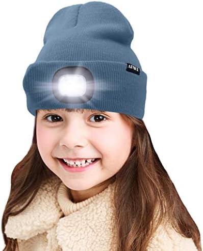 ATNKE Kids LED Lighted Beanie Cap, USB Rechargeable 4 LED Headlamp Waterproof Winter Warmer Knit Night Hats with Light for Boys Girls