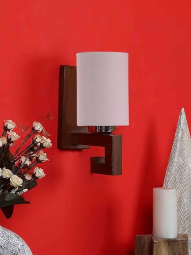 Image of Wall Lamp with Wooden Base (H- 10.9 Inch, Pinkish Grey) Wall Sconce for Bedroom /Living Room, Study Room, Hall, Home Office Decor | Indoor Lighting, Warm Ambient Night Light Lamp | Barrel Shape