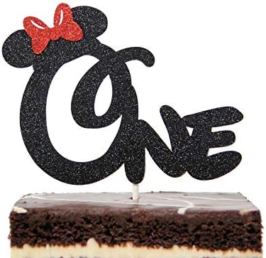 First 1st One Year Birthday Cake Topper - Minnie Mouse Bow Birthday Cake Topper (Black and Red)