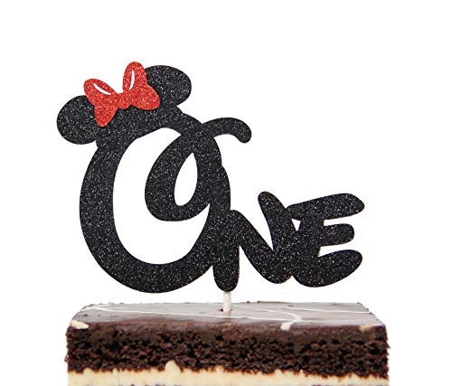 First 1st One Year Birthday Cake Topper - Minnie Mouse Bow Birthday Cake Topper (Black and Red)
