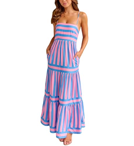 Image of Women Striped Maxi Dress Smocked Backless Spaghetti Strap Long Flowy Dress Sleeveless Boho Aline Sundress