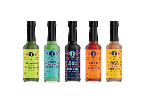 Hot N Saucy Holiday Hot Box, Set of 5 hot sauces- Collards N Ghost, Garlic N Peperoncini, Black Garlic N Peri Peri, Carrot N Chipotle and Sweet Potato N Habanero. 5 fl oz each