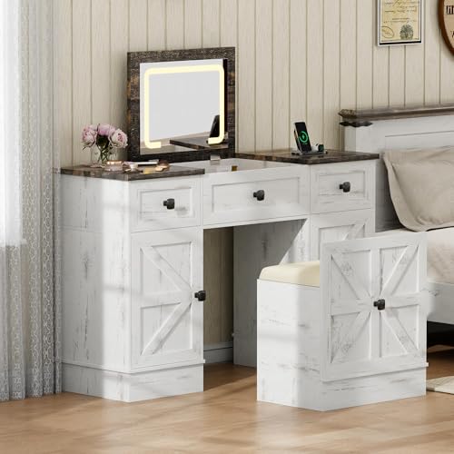 Lvifur Farmhouse Vanity Desk with Mirror and 3-Color Lights,3 in 1 Makeup Vanity Set 47.2