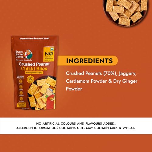 Image of Sweet Karam Coffee Crushed Peanut Chikki Bites - 150g | No White Sugar or Preservatives | Jaggery Sweetened | Protein & Fiber Rich Gajak | Healthy Indian mithai Snack (Pack of 3)