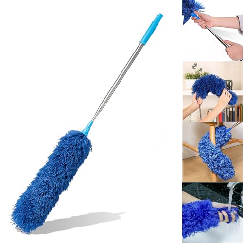 HEOATH Microfiber Feather Duster with Extendable Pole, 100 inches Extra Long Cobweb Duster for Cleaning, Bendable Head, Non-Scratch, Washable Duster for Ceiling, Fan, Furniture Blue