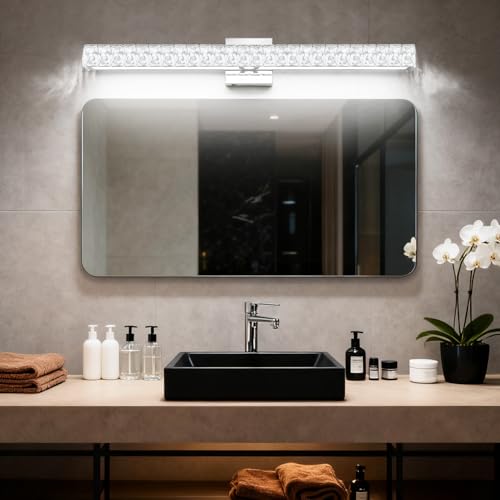 Image of SOLFART Bathroom Vanity Lighting, Crystal Bathroom Light Fixtures Over Mirror LED Lights for Restroom, 32.5 Inch Chrome Light Over Mirror