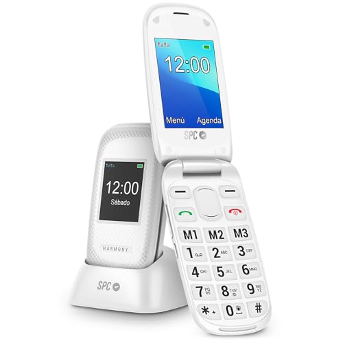SPC Harmony - Teléfono móvil para personas mayores, móviles con tapa, teclas grandes, volumen alto 96dB, compatible con audífonos, contactos con imagen, botón SOS, doble pantalla (2,4”+1,77”) - Blanco